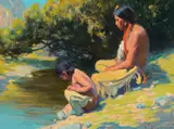E. Irving Couse, The Bank of the River – Brave and Son, oil on canvas laid on board