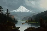 William Samuel Parrott, Indians in a Canoe, Mt. Hood, oil on canvas