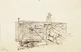 Punch Poling Cattle from a Railroad Stock Car by Charles Marion Russell, pen & ink on paper, sold Jul 2017