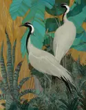 Jessie Arms Botke, Demoiselle Cranes, oil & gold leaf on fabric-lined board