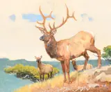 Bob Kuhn, Elk Topping Out, acrylic on board