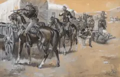 John Norval Marchand, Defense of the Wagon Train [or] Fighting Them Off, tempera and gouache on paper en grisaille
