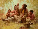 Blackfeet Storyteller by Howard Terpning, 1988, oil on canvas, sold Jul 2016