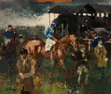 Randall Davey, Rainy Day at the Track, oil on board