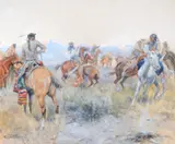Charles Marion Russell, As Cochrane and Pard Leaped Into Their Saddles, Cochrane Shot the Indian