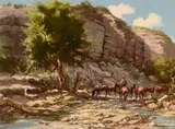 Watering Hole at Shasta by Olaf Wieghorst, oil on canvas, sold Jul 2015