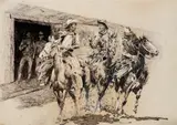 Edward Borein, Cowboys Leaving a Saloon, pen & ink and gouache on paper