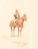 Happy New Year, Scoty [or] Self Portrait on Red Bull by Charles Marion Russell, 1917, watercolor on paper, sold Jul 2014