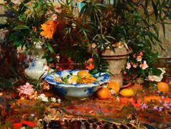 Richard Schmid, Still Life with Flowers and Oranges, oil on canvas