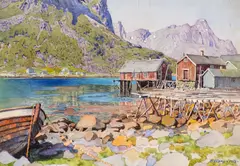Fishing Docks by Gunnar Widforss, 1918, watercolor on paper, sold Jul 2014