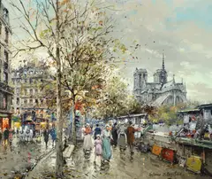 Antoine Blanchard, Paris, Notre Dame at les Bouquinistes, oil on canvas