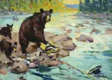 Frank B. Hoffman, Black Bear Sow with Cubs, oil on canvas laid on board