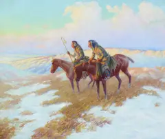 Blackfeet Warriors at Sunrise by Hart Merriam Schultz, oil on canvas, sold Jul 2013