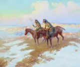 Hart Merriam Schultz, Blackfeet Warriors at Sunrise, oil on canvas