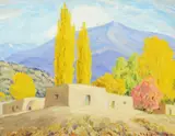 Sheldon Parsons, Adobes and Poplars in Fall, New Mexico, oil on board
