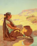 Warren Rollins, Pueblo Woman at a Spring, oil on canvas