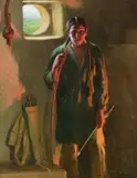 Joseph Henry Sharp, Hunting Son – Taos, Firelight and Daylight, oil on canvas