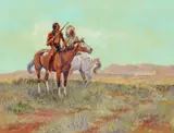 Joe Beeler, Plains Warriors and Wagon Train, oil on canvas