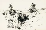 Rounding up a Stray by Edward Borein, inkbrush on paper, sold Jul 2012
