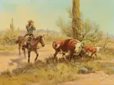 Joe Beeler, Cowboy with Cow and Calf, oil on board