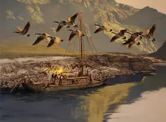 Tom Beecham, Keel Boat and Canadian Geese, oil on board