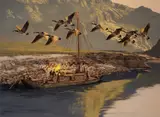 Tom Beecham, Keel Boat and Canadian Geese, oil on board