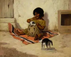 Alice Coutts, Child with Puppy and Kitten, oil on board