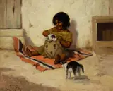 Alice Coutts, Child with Puppy and Kitten, oil on board