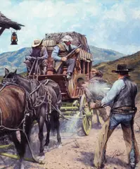 Guy Deel, Phantom Stagecoach, Shoot-out at Gila Bend, oil on board