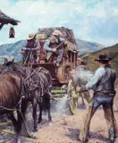 Guy Deel, Phantom Stagecoach, Shoot-out at Gila Bend, oil on board