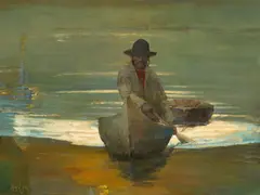 Cree Trapper with Bull Boat by Frank Hagel, 2010, oil on canvas, sold Jul 2010