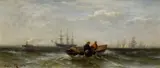 Edward Moran, Two Men in a Boat, oil on canvasboard