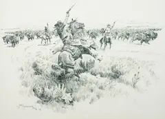 John Hampton, Splitting the Buffalo Herd, pen & ink on paper