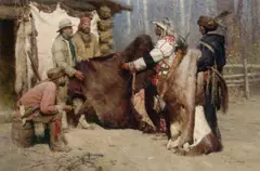 Z. S. Liang, Painted Robe for Powder and Ball, Musselshell Valley Montana, 1840, 2009, oil on canvas