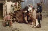 Z. S. Liang, Painted Robe for Powder and Ball, Musselshell Valley Montana, 1840, 2009, oil on canvas