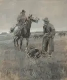 "Hell-o Ford, Where the blazes did you drop down from?" a welcoming voice yelled by Charles Marion Russell, 1913, gouache on paper, sold Jul 2009
