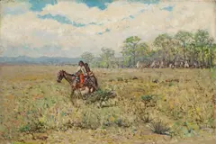 Morning Ride Outside the Encampment by Frank P. Sauerwein, 1900, oil on canvas, sold Jul 2009