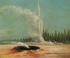 Castle and Old Faithful Geysers by James E. Stuart, 1887, oil on canvas, sold Jul 2009