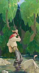 W. Herbert Dunton, Fisherman in a Stream, oil on canvas