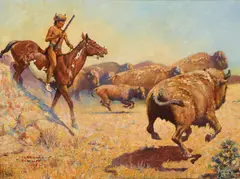 Clarence A. Ellsworth, Splitting the Herd, 1928, oil on canvasboard