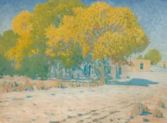 Carl Redin, Adobes and Cottonwoods, oil on canvas laid on board
