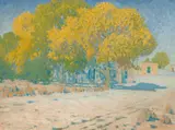 Carl Redin, Adobes and Cottonwoods, oil on canvas laid on board