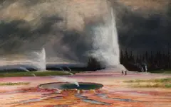 Castle and Old Faithful Geysers by James E. Stuart, 1893, oil on canvas, sold Jul 2008