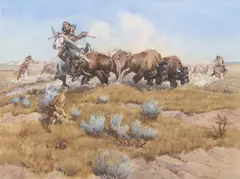 John Hampton, Buffalo Hunt, 1977, watercolor on paper