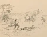 The Cave Gulch Fight by Charles Marion Russell, pen & ink on paper, sold Jul 2007