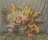 Joseph Henry Sharp, Autumn Flowers, Weeds, Grasses and Seed Pods in Chinese Vase, oil on canvas