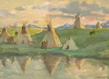 Joseph Henry Sharp, Blackfeet, Glacier Park, oil on board