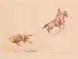 Edward Borein, Cowboy with Roped Steer, watercolor on paper