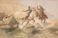 Herman W. Hansen, At Close Quarters (Ambushed by Apaches), watercolor on paper