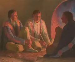 Fireside by Joseph Henry Sharp, oil on canvas, sold Jul 2006